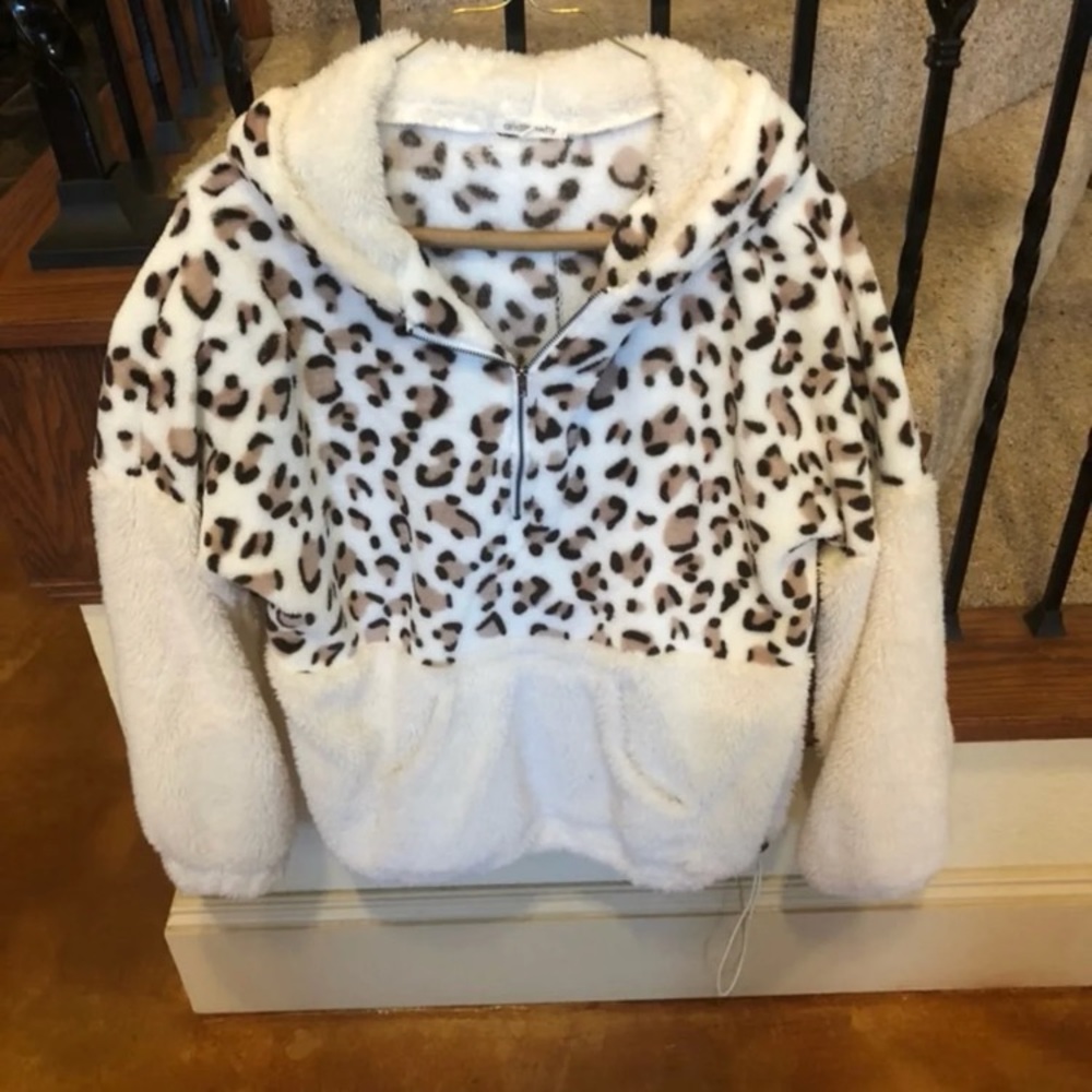 Leopard Fleece Hoodie Sweater Pullover S